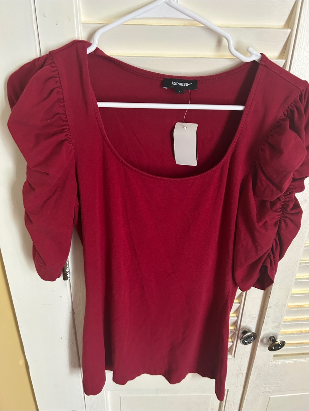 Express Women's Deep Red Ruched Short Sleeve Scoop Neck Top